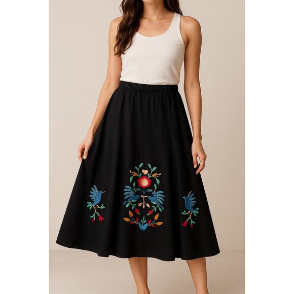 Anu by natural black floral embroidered flared midi skirt size XLarge - Picture 1 of 6